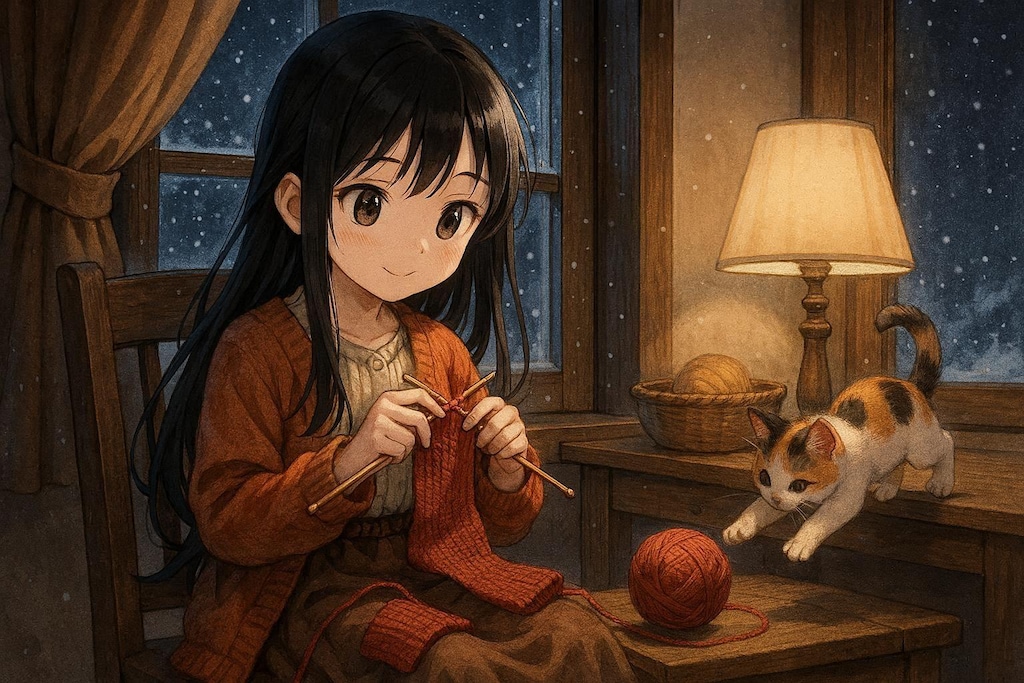 クリスマスを待つ夜の編み物時間