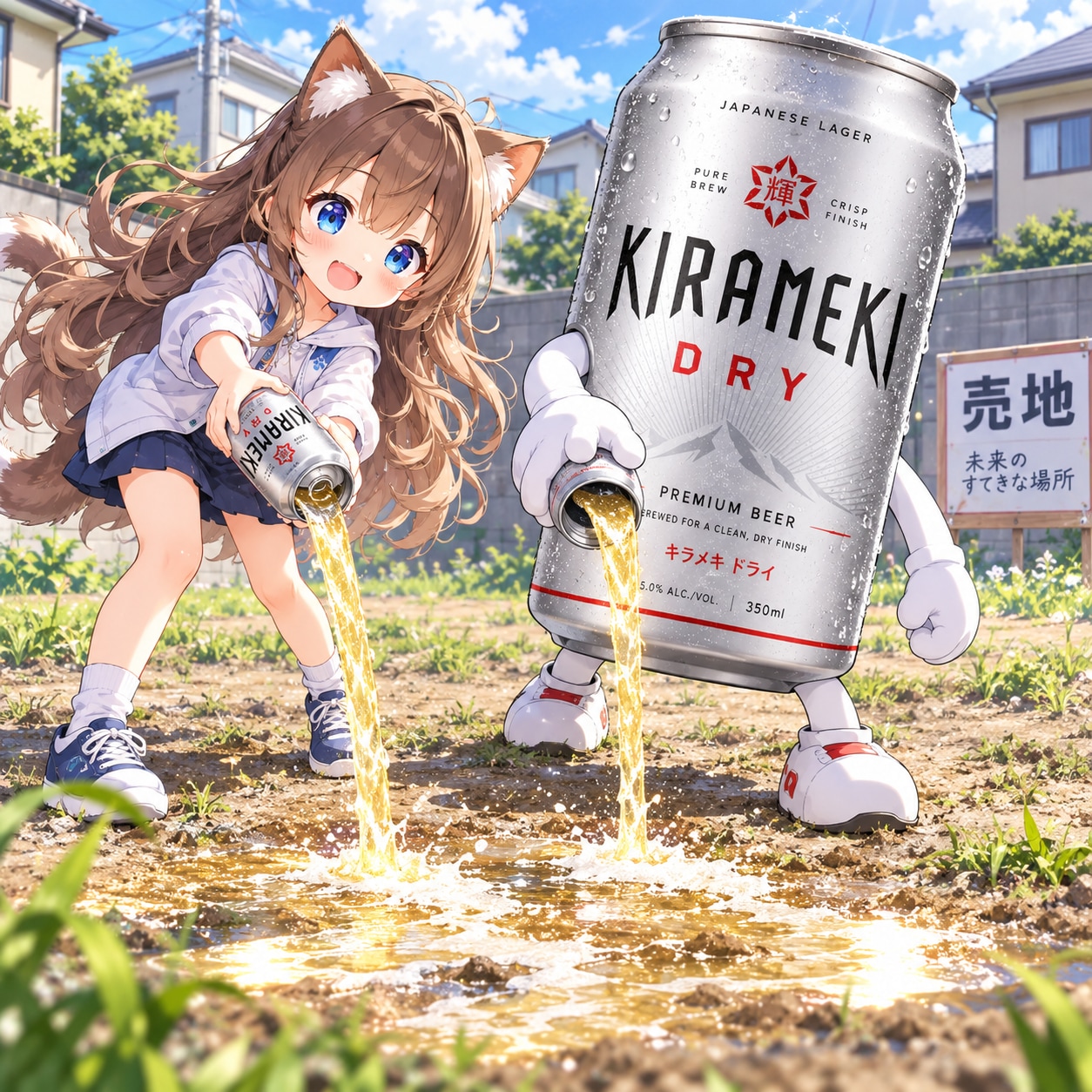 地面にビールを撒く会の小さな女の子 | の人気AIイラスト・グラビア