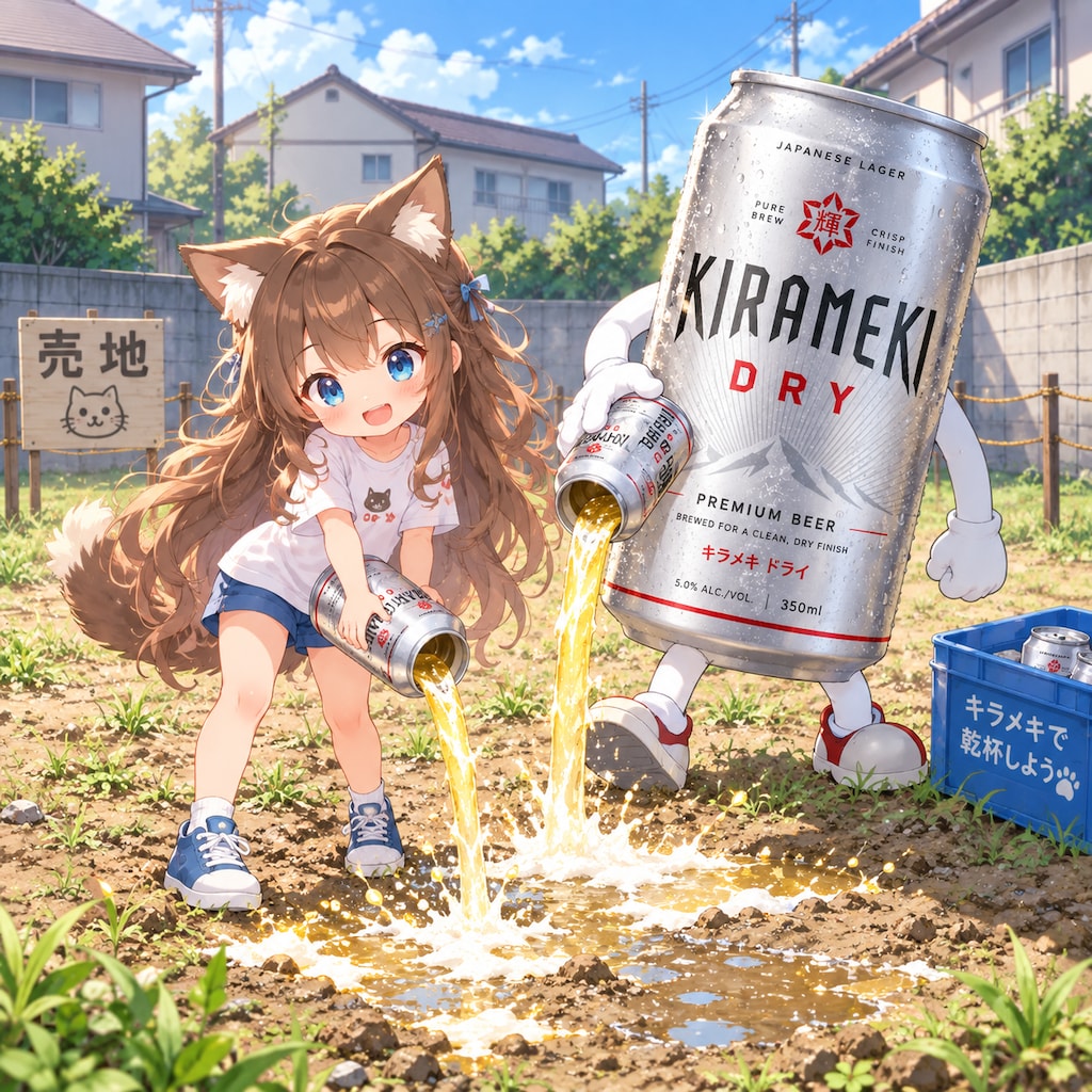 地面にビールを撒く会の小さな女の子