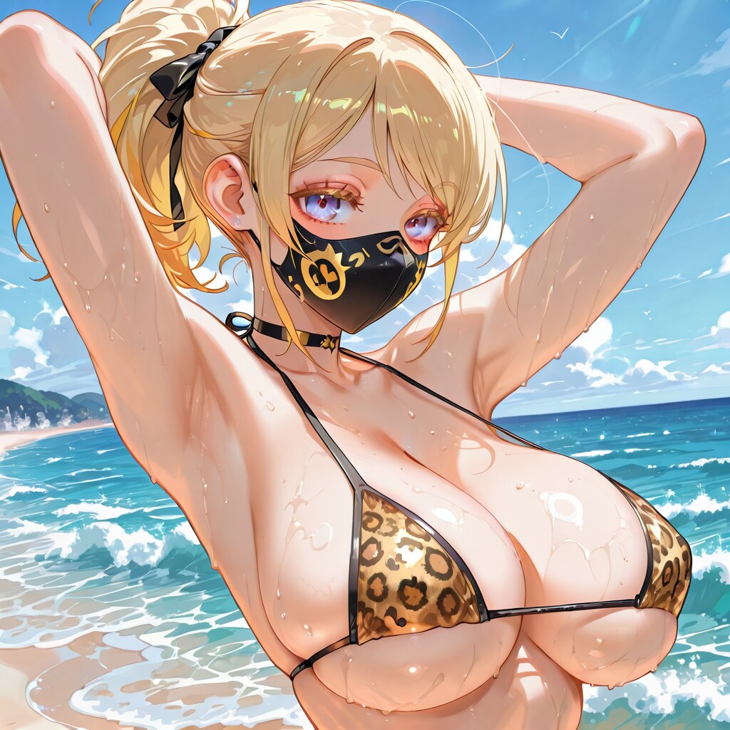 砂浜のマスク美女