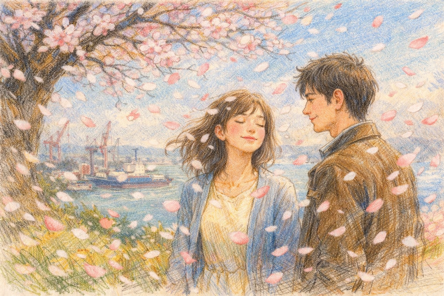 港が見える丘の色鉛筆画による印象 | の人気AIイラスト・グラビア