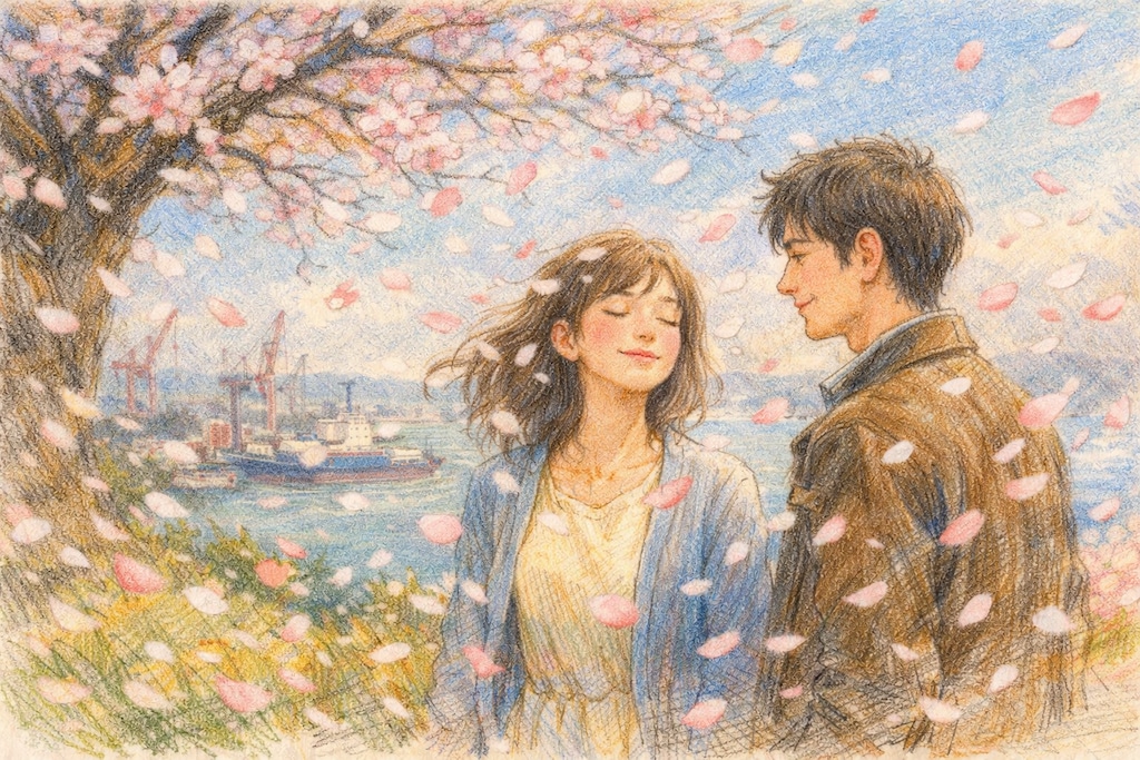 港が見える丘の色鉛筆画による印象