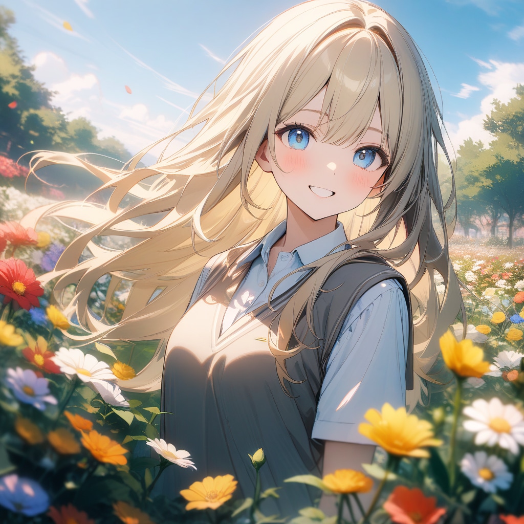 青い目の金髪ロング　お花畑