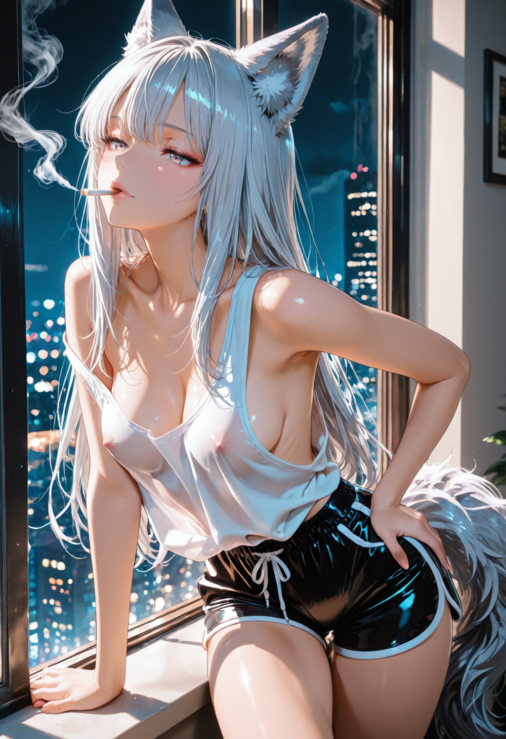 窓際で煙草を吸うヤニケモナー