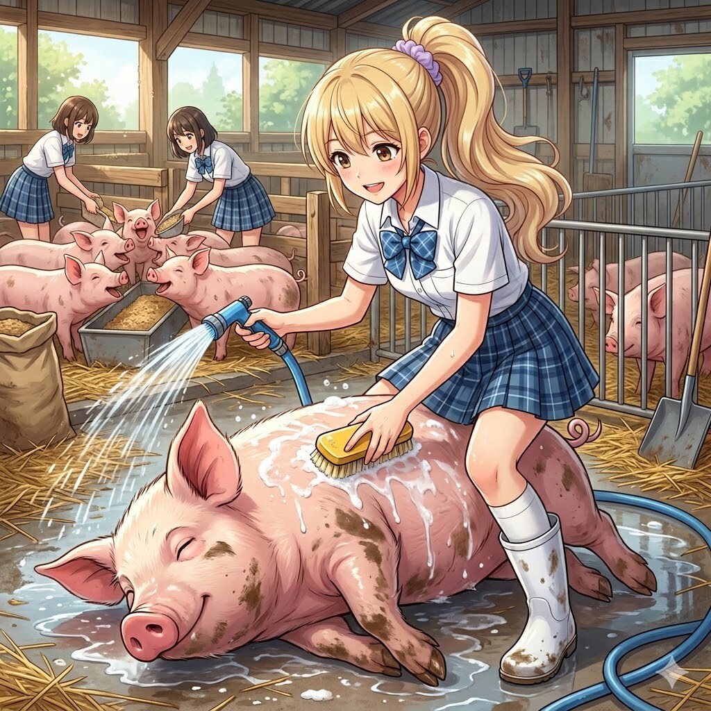 豚達の世話をする農業高校の女子達