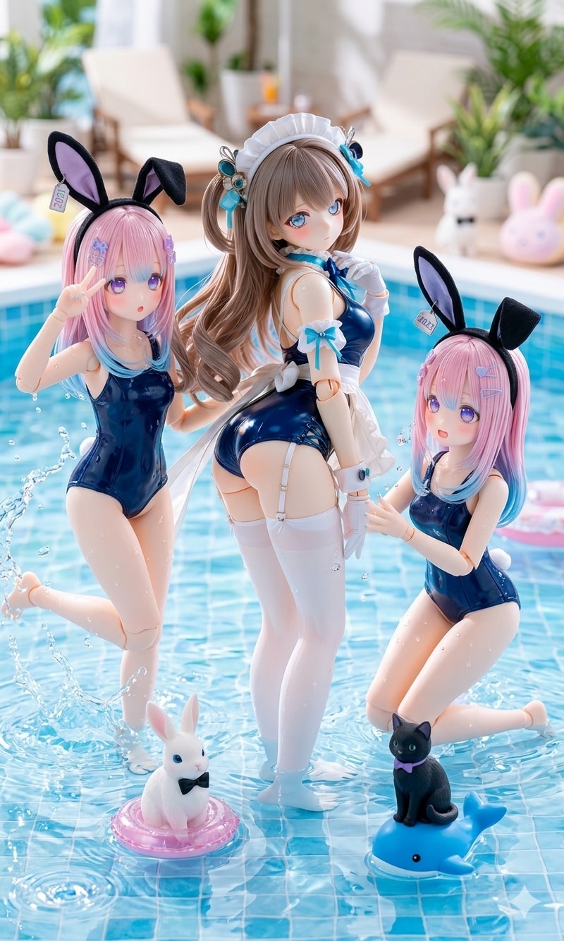 アクリルドールフィギュア 異世界制服少女達　スク水メイドと ドッペルゲンガーの双子の姉妹スク水