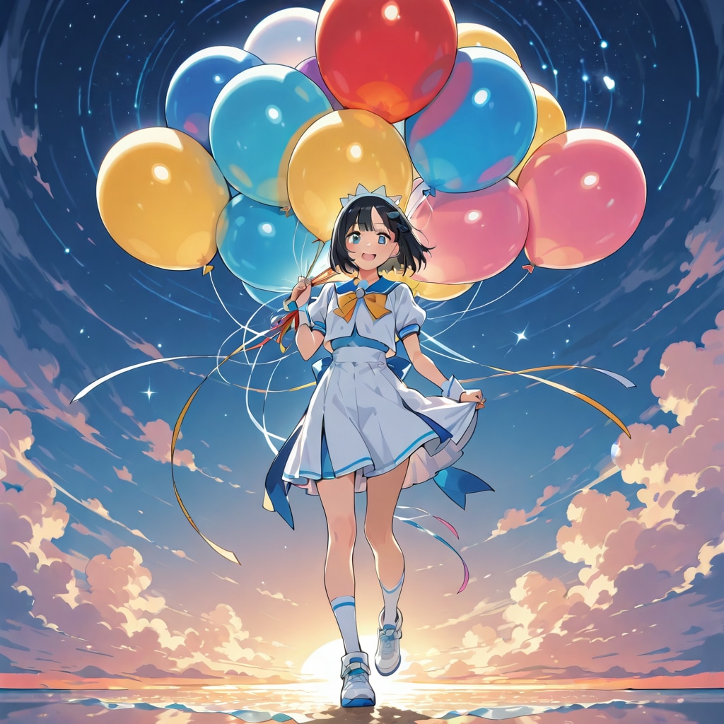 いっぱい色とりどりの風船を持つ黒髪ショートカットの美女アナウンサー？ | の人気AIイラスト・グラビア