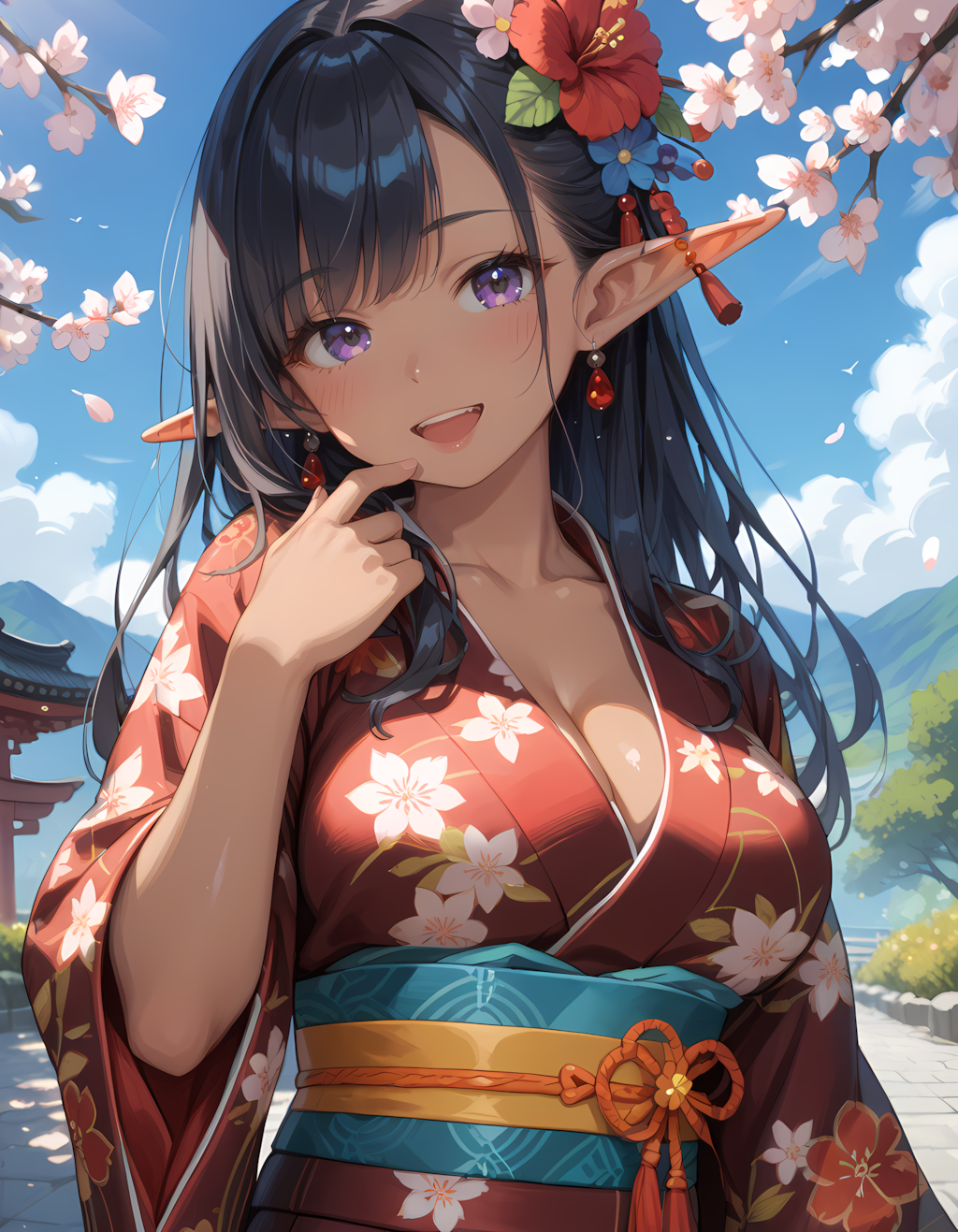 和を満喫する浴衣ダークエルフさん