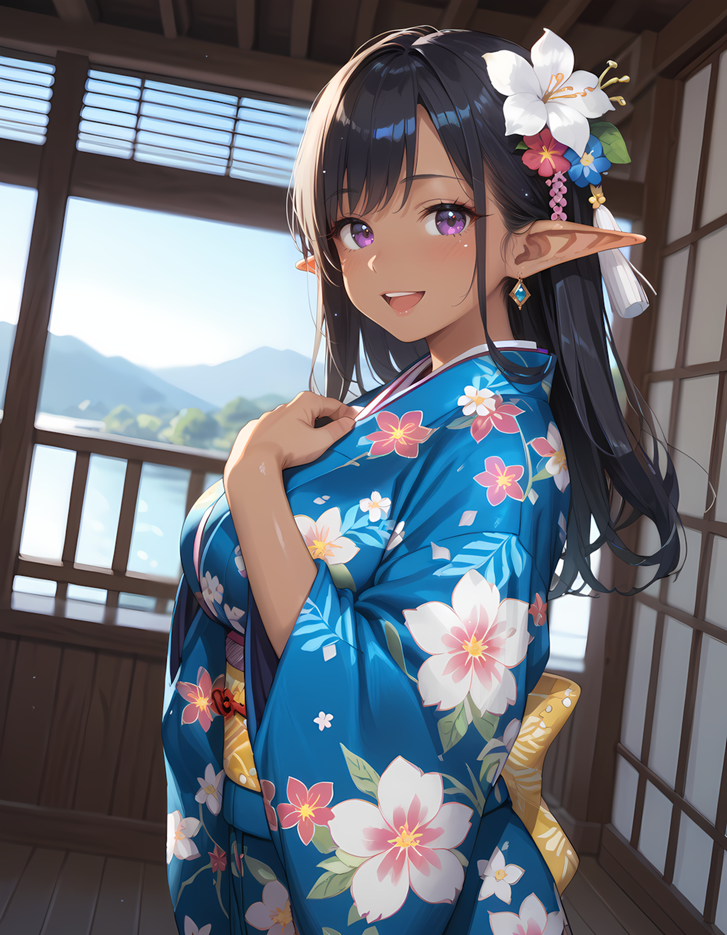 和を満喫する浴衣ダークエルフさん