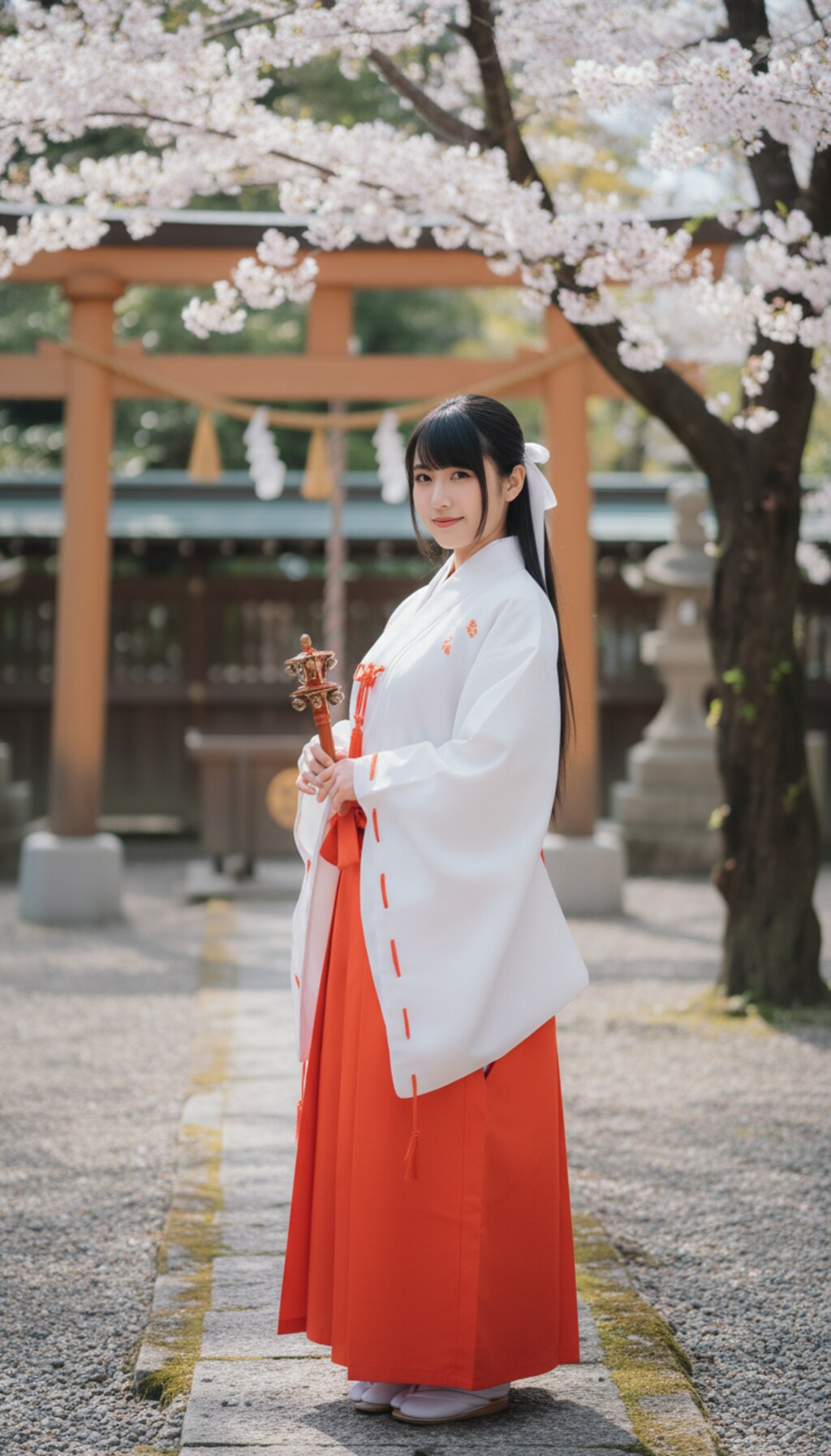 日本の巫女が優しく微笑みこちらを見る姿の全身写真