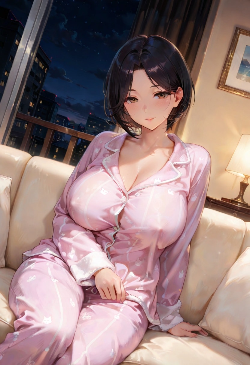 パジャマを着てソファでくつろぐ熟女