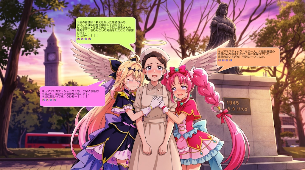 二人のプリキュア、天使の看護師と感涙する