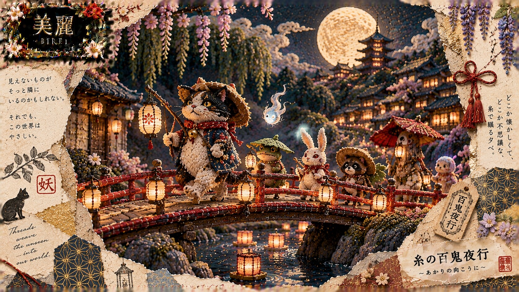 Threaded Night Parade — A Moonlit Hyakki Yagyo  Under a full moon, the night parade begins.  A cat s | の人気AIイラスト・グラビア
