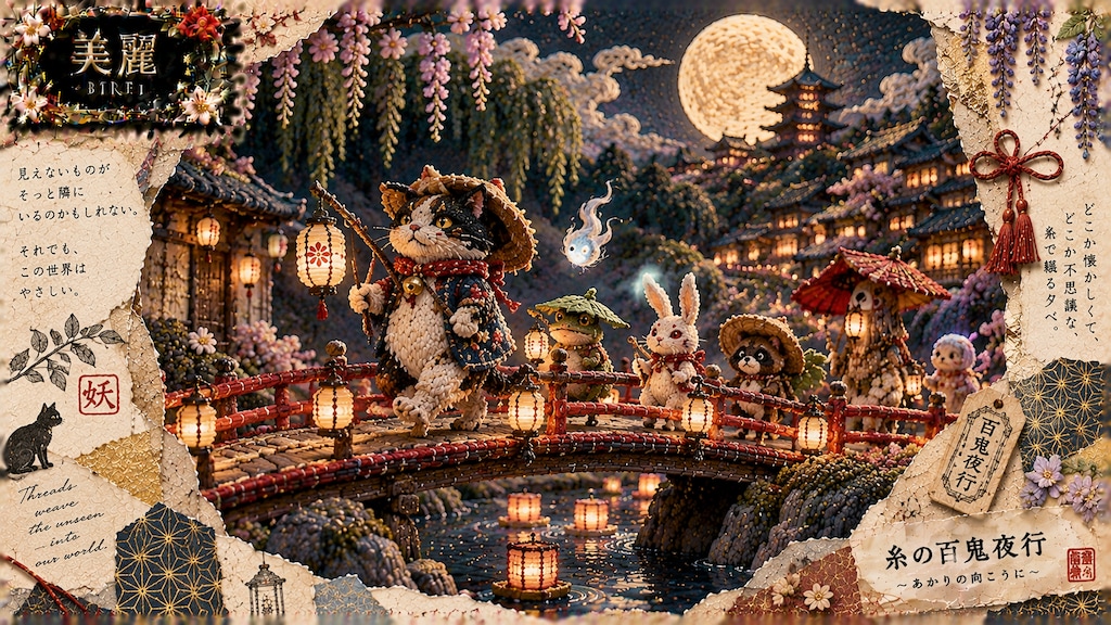 Threaded Night Parade — A Moonlit Hyakki Yagyo  Under a full moon, the night parade begins.  A cat s