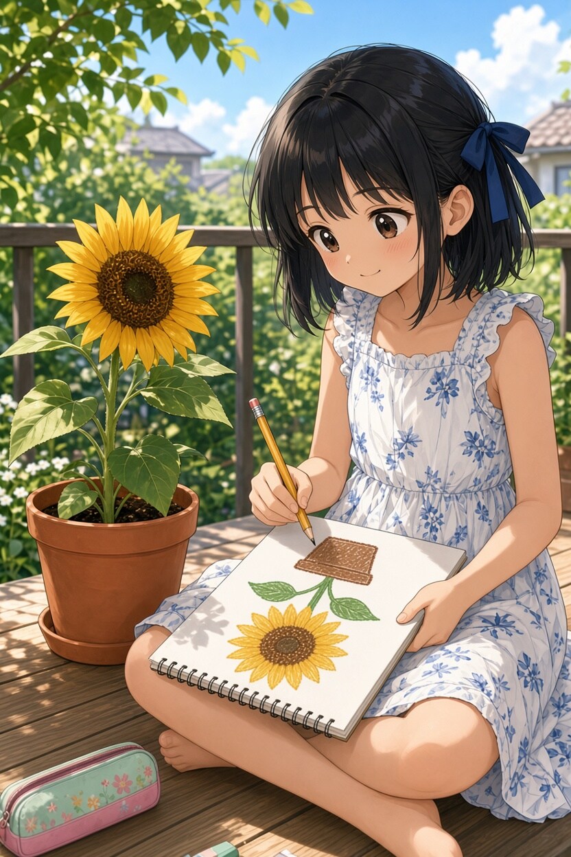 夏休みも終盤、絵を描く宿題中の女の子 | の人気AIイラスト・グラビア