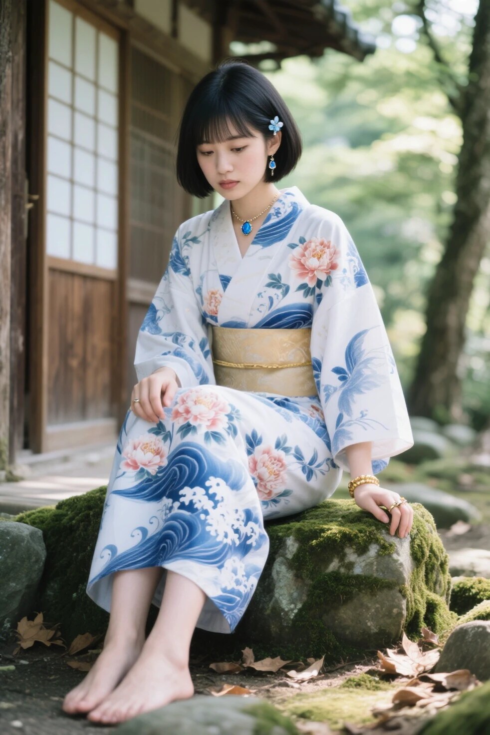 AIポートレート　苔むした岩に腰かける着物女子🍃１