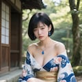 AIポートレート　苔むした岩に腰かける着物女子🍃１ 8枚目