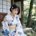 AIポートレート　苔むした岩に腰かける着物女子🍃１ 3枚目