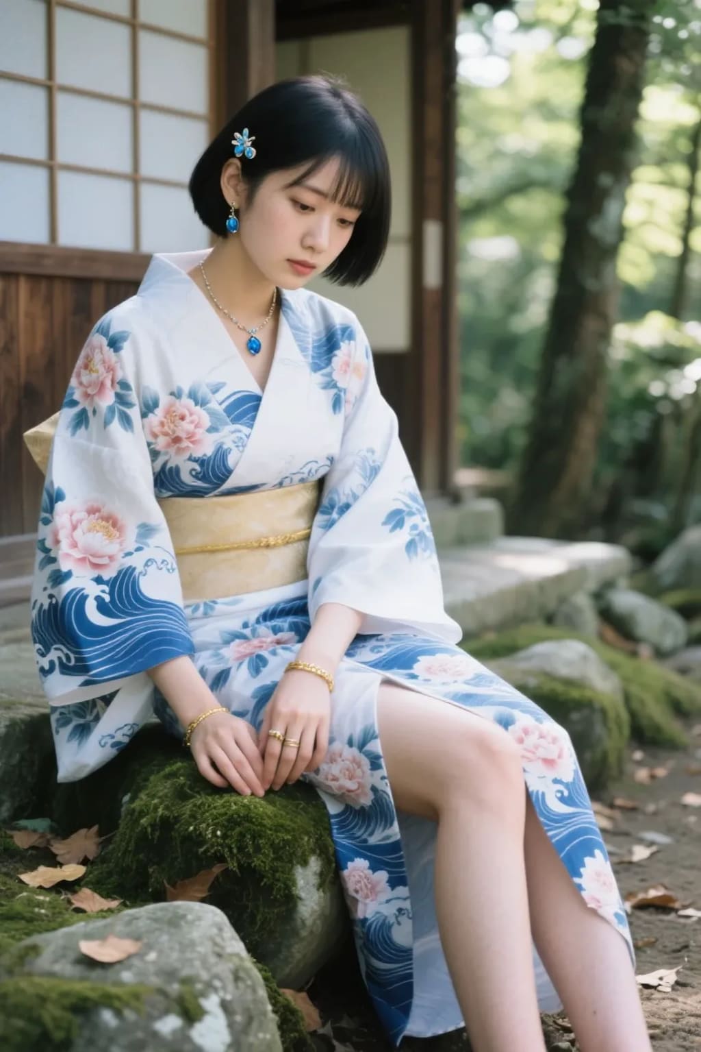 AIポートレート　苔むした岩に腰かける着物女子🍃１