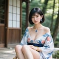 AIポートレート　苔むした岩に腰かける着物女子🍃１ 5枚目