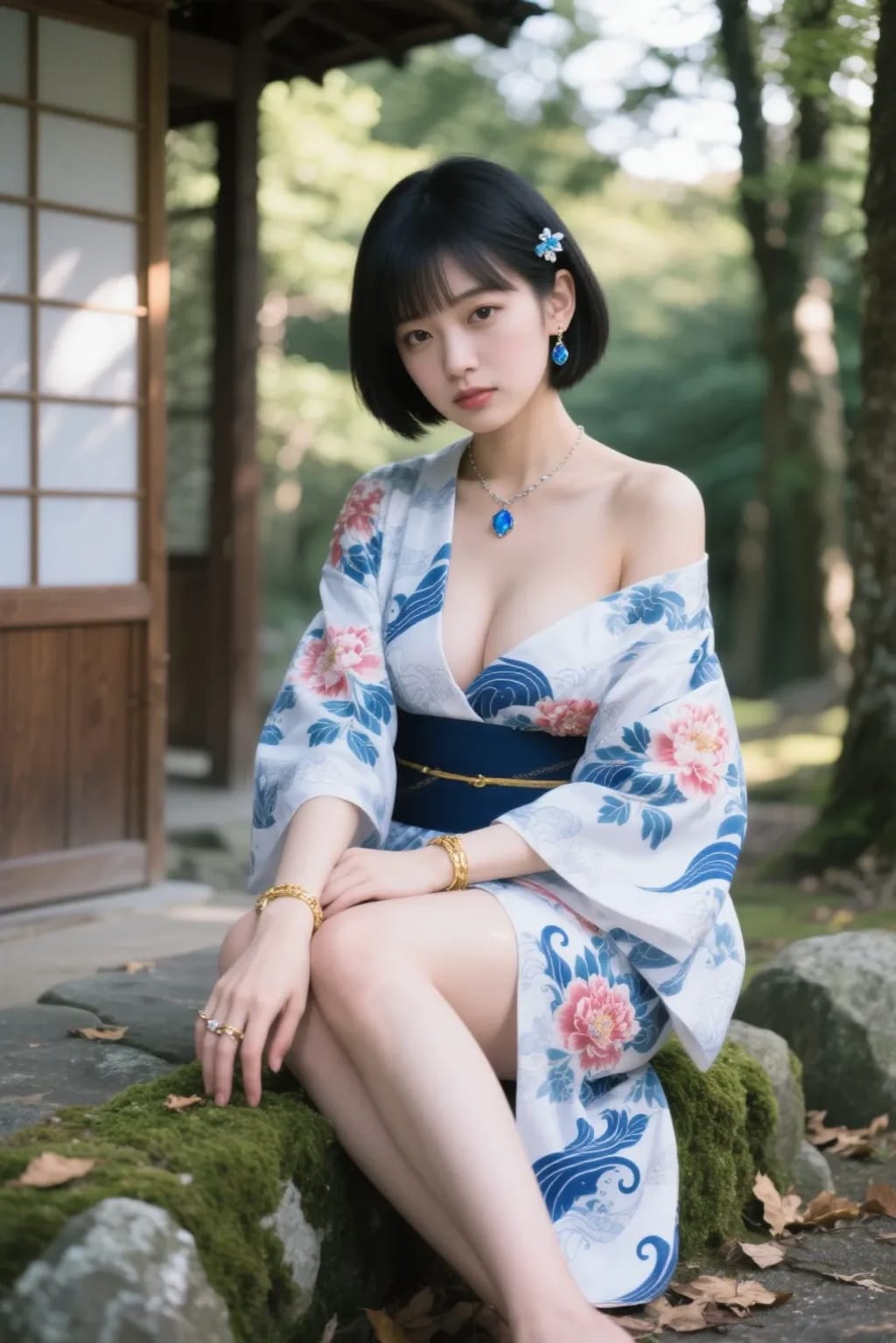 AIポートレート　苔むした岩に腰かける着物女子🍃１