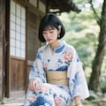 AIポートレート　苔むした岩に腰かける着物女子🍃１ 2枚目