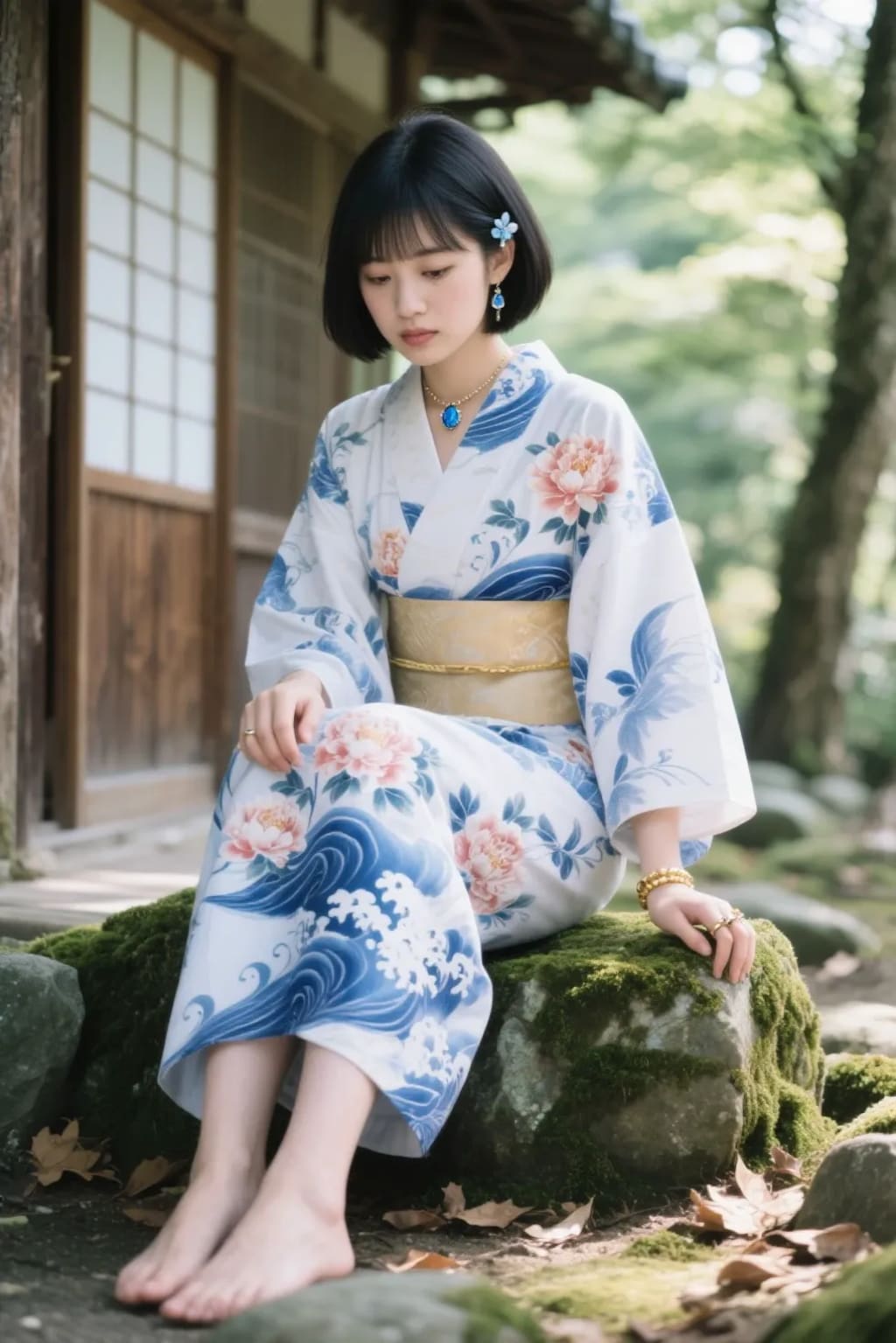 AIポートレート　苔むした岩に腰かける着物女子🍃１