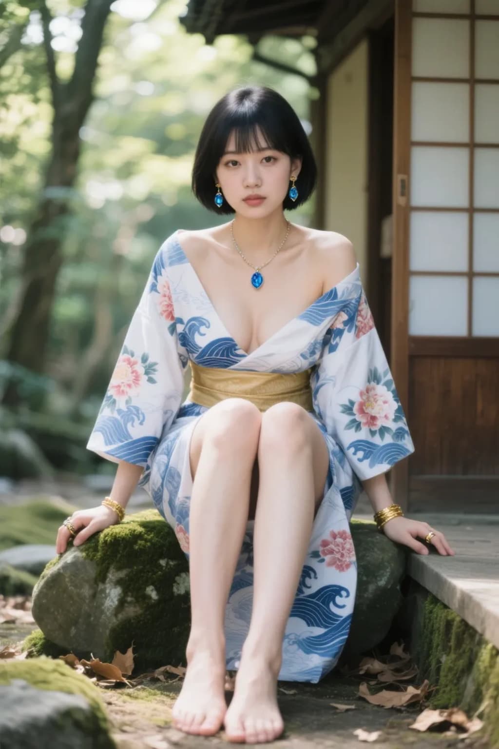 AIポートレート　苔むした岩に腰かける着物女子🍃１
