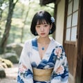 AIポートレート　苔むした岩に腰かける着物女子🍃１ 7枚目