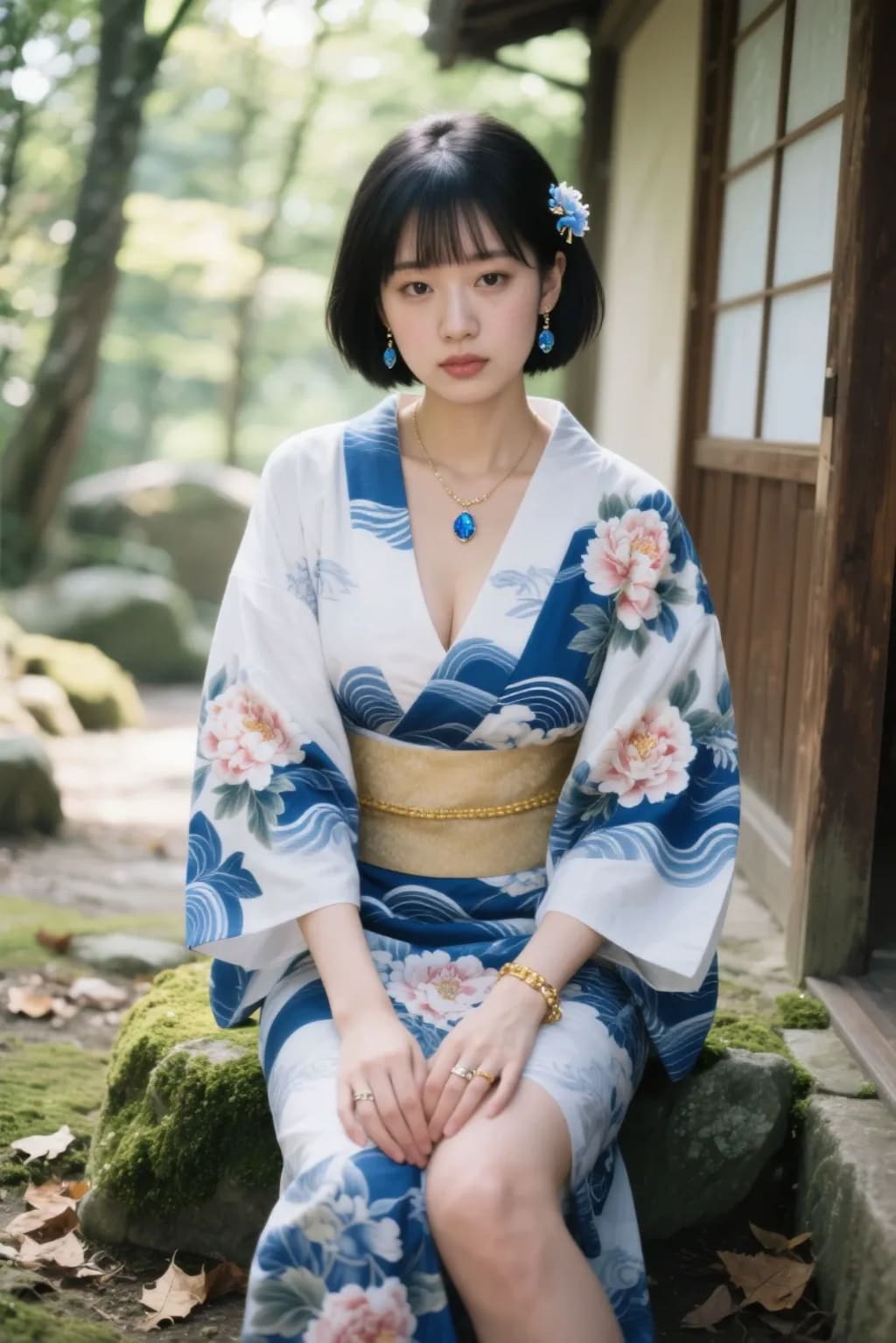 AIポートレート　苔むした岩に腰かける着物女子🍃１