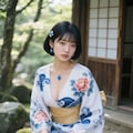 AIポートレート　苔むした岩に腰かける着物女子🍃１ 4枚目