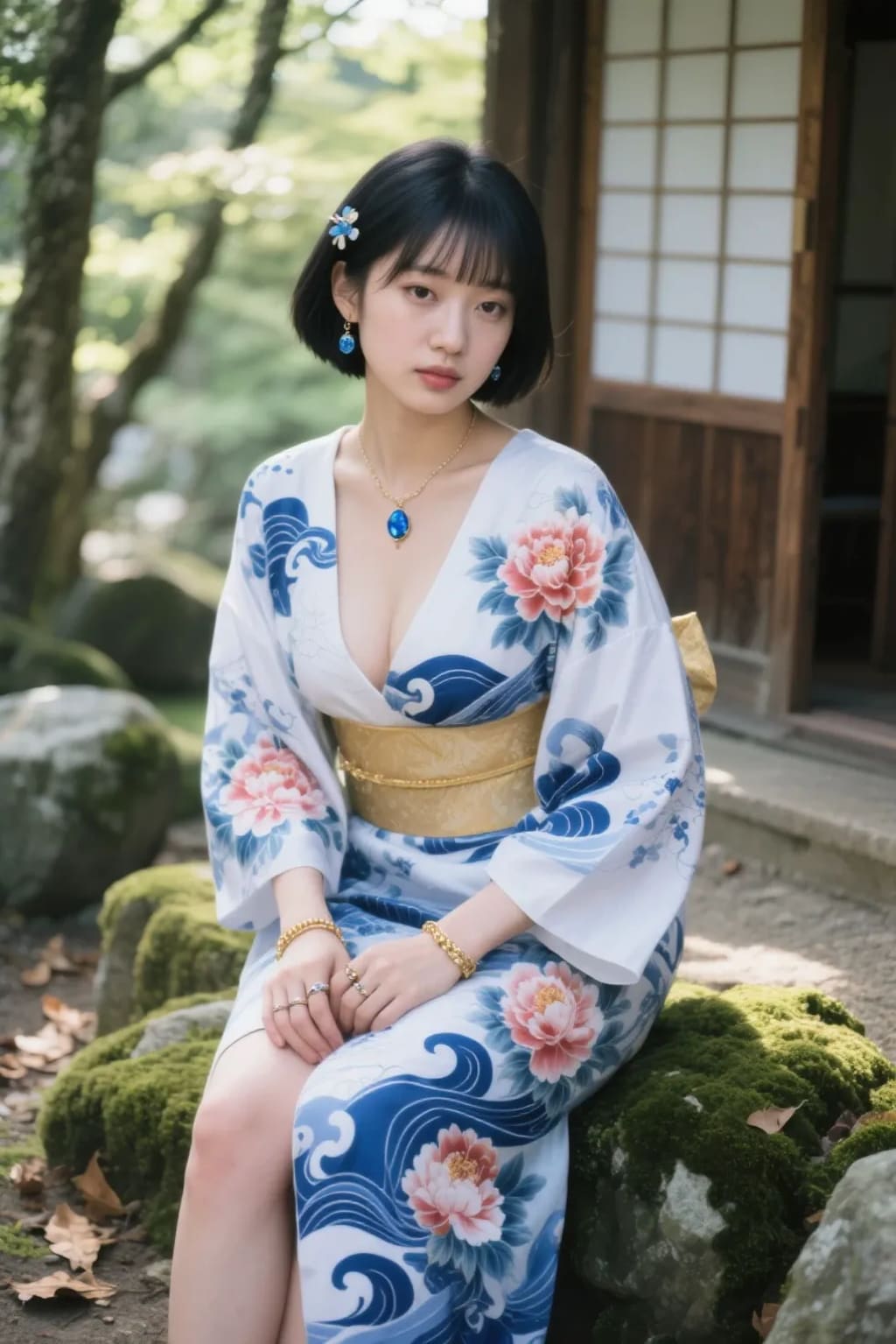 AIポートレート　苔むした岩に腰かける着物女子🍃１