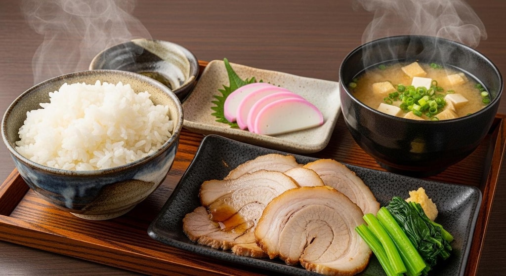 摩訶不思議食堂のかまぼことローストポーク定食