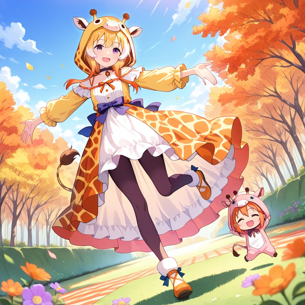 秋の林とキリンフーディーお姉さんと着ぐるみちび子ちゃん