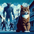アクリル、困り顔の猫、巨大怪獣が歩く町 3枚目