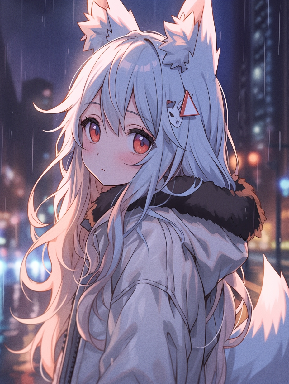 雨の夜に微笑む銀狐の少女 | の人気AIイラスト・グラビア