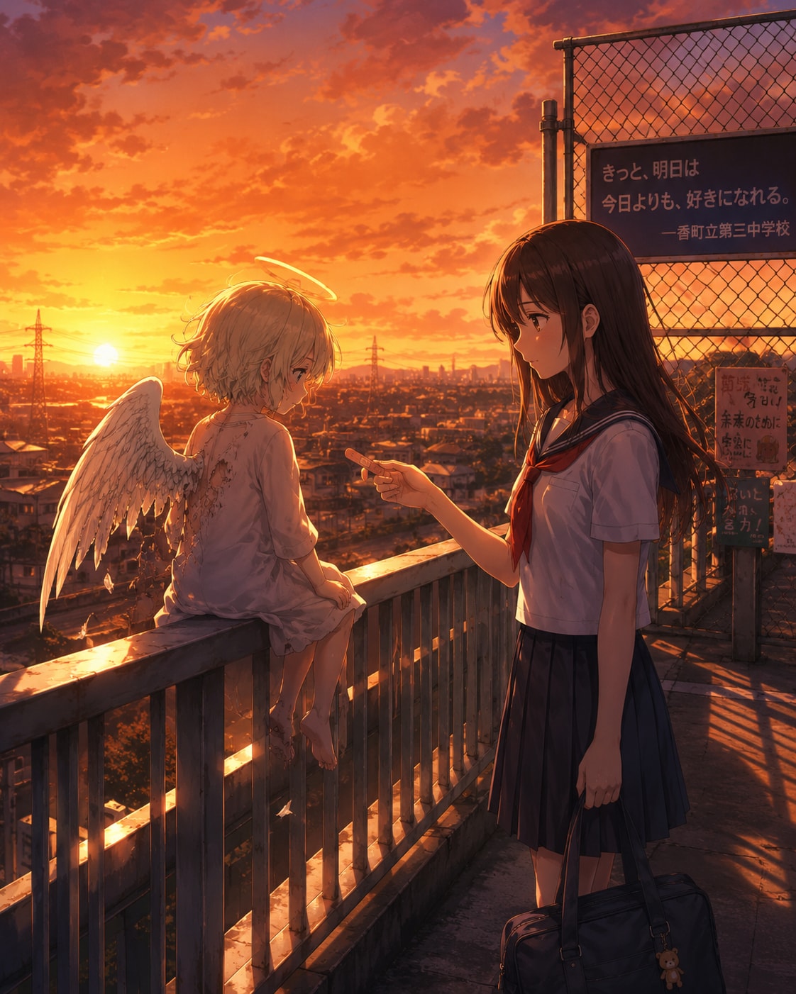橋の上での夕日と天使