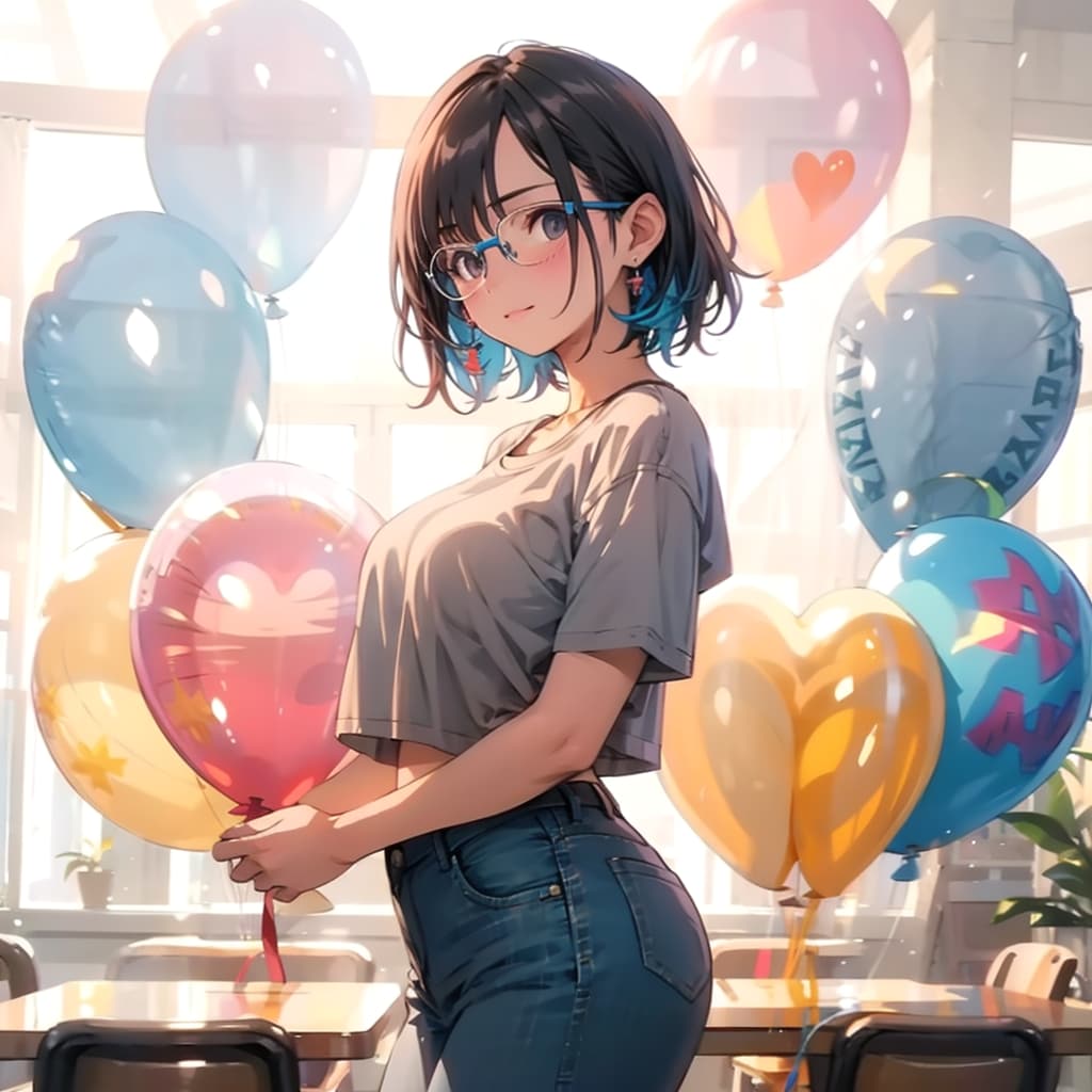 いっぱい色とりどりの風船を持つブラウンショートカットのメガネかけた白いTシャツジーパン着た美女