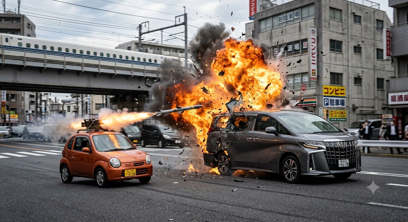 スズキ　ツインにミサイルで破壊されるアルファード