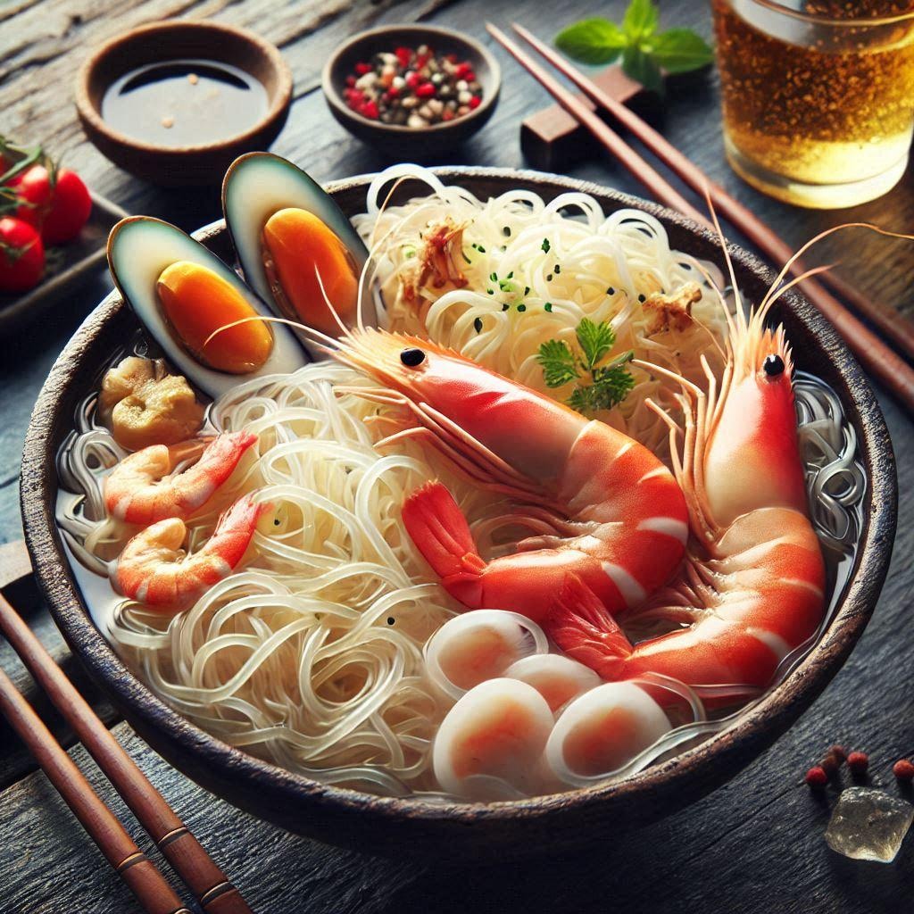 透明感のあるseafood noodle