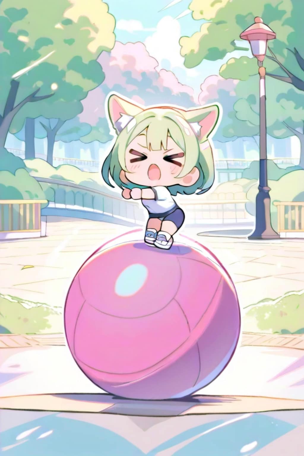 バランスボールに乗る緑髪ちゃん