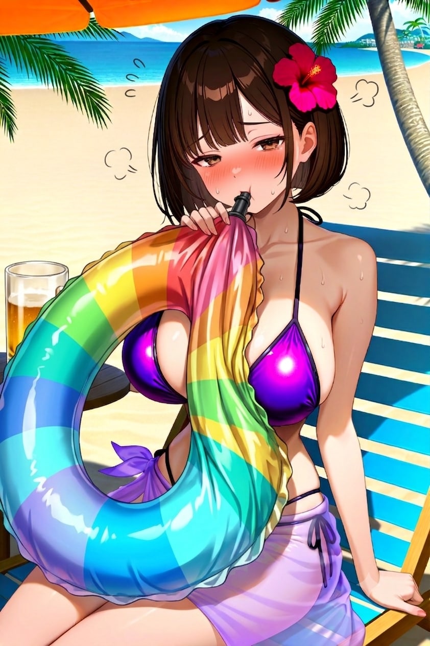 浮き輪膨らますアキちゃん