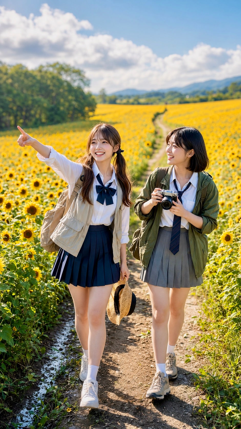 一面のひまわり畑をハイキング