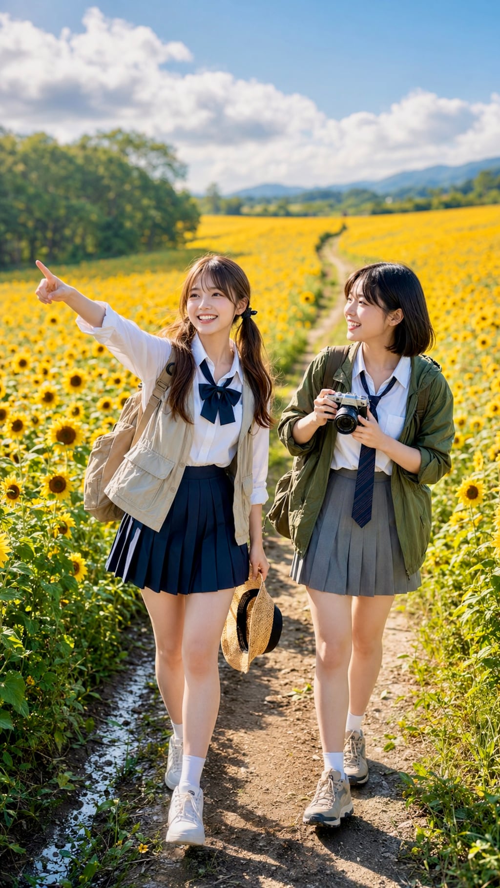 一面のひまわり畑をハイキング
