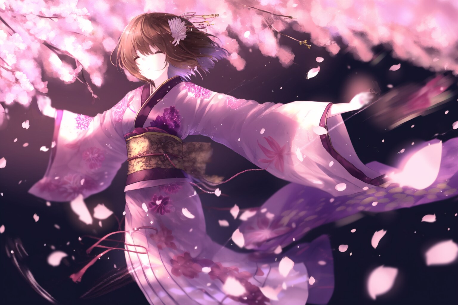 桜吹雪の中を舞う