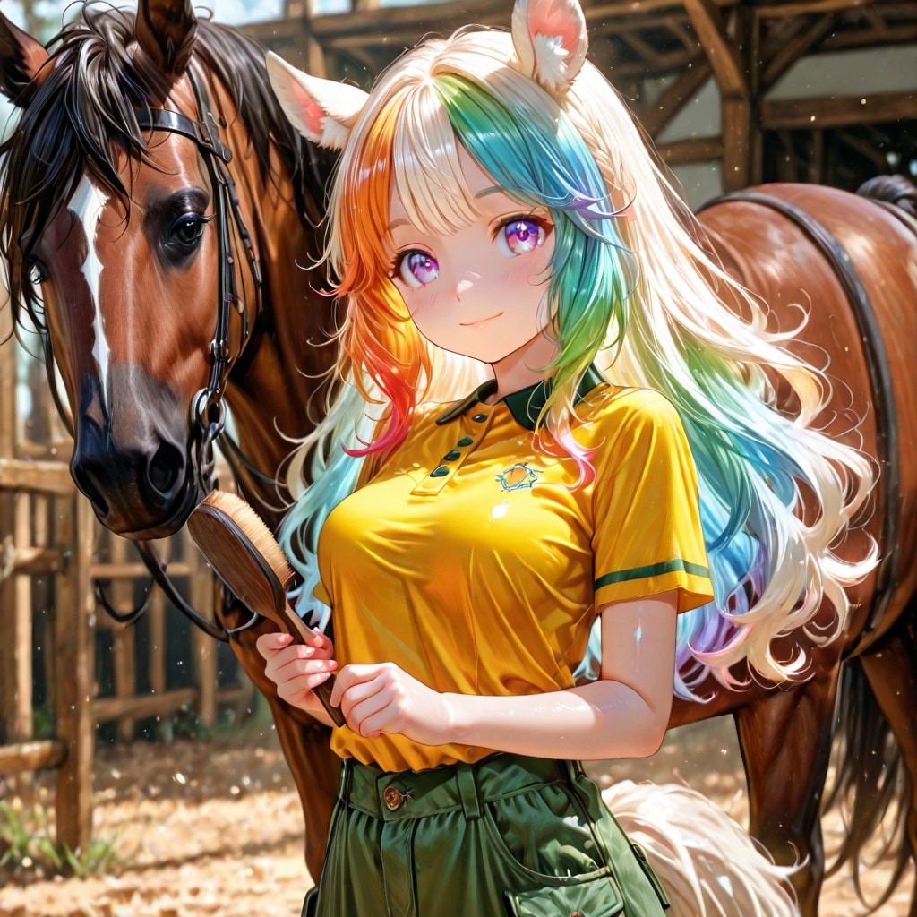 3枚）馬の世話をするケモ耳エルフさん