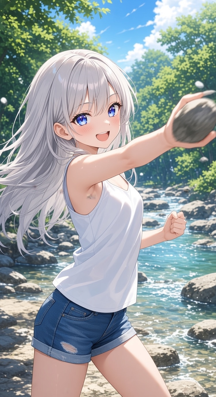 川で石投げ | の人気AIイラスト・グラビア