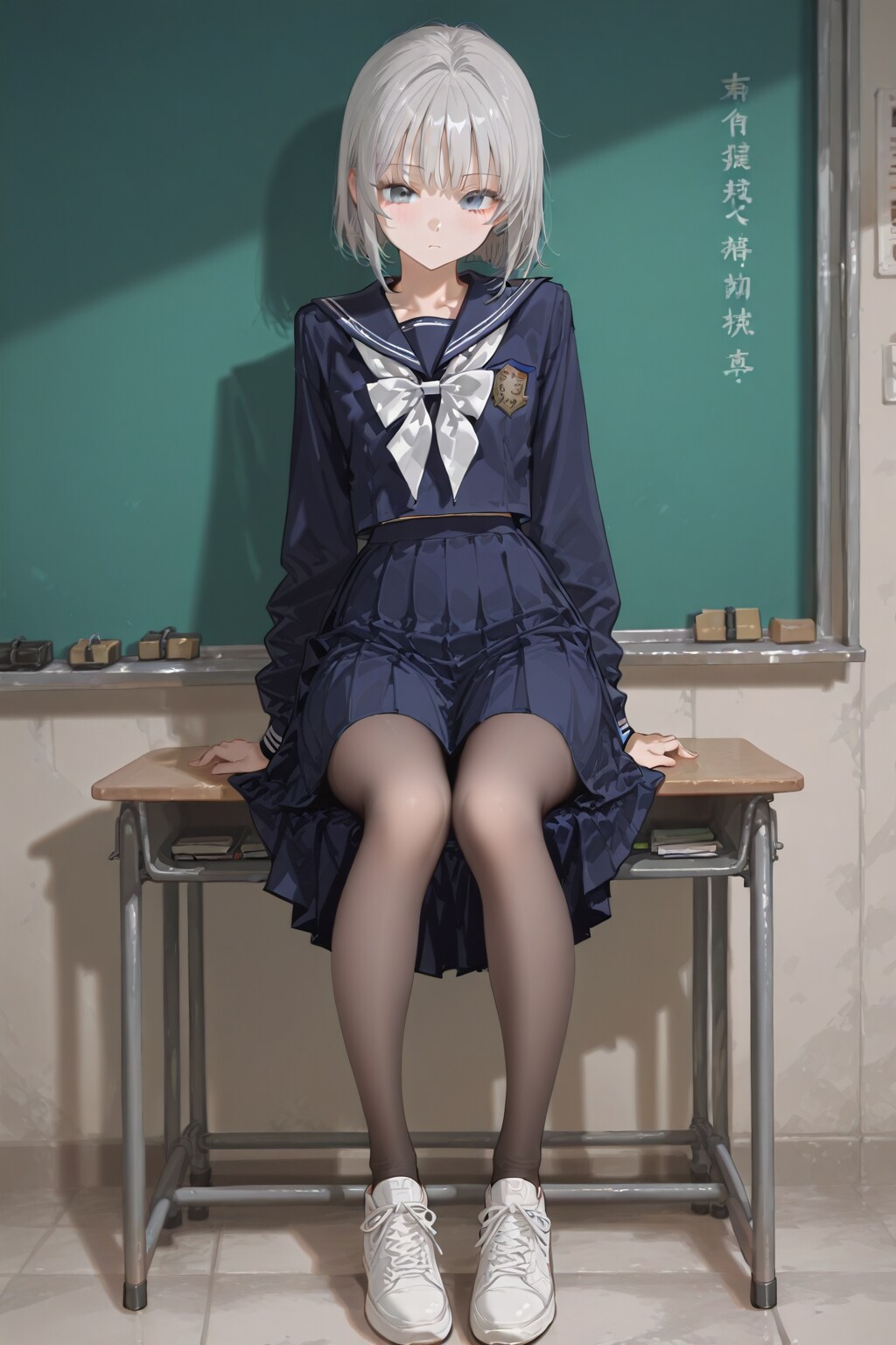 銀髪碧眼17歳女子高生濃紺セーラー服ロングスカート茶色ストッキング白スニーカー