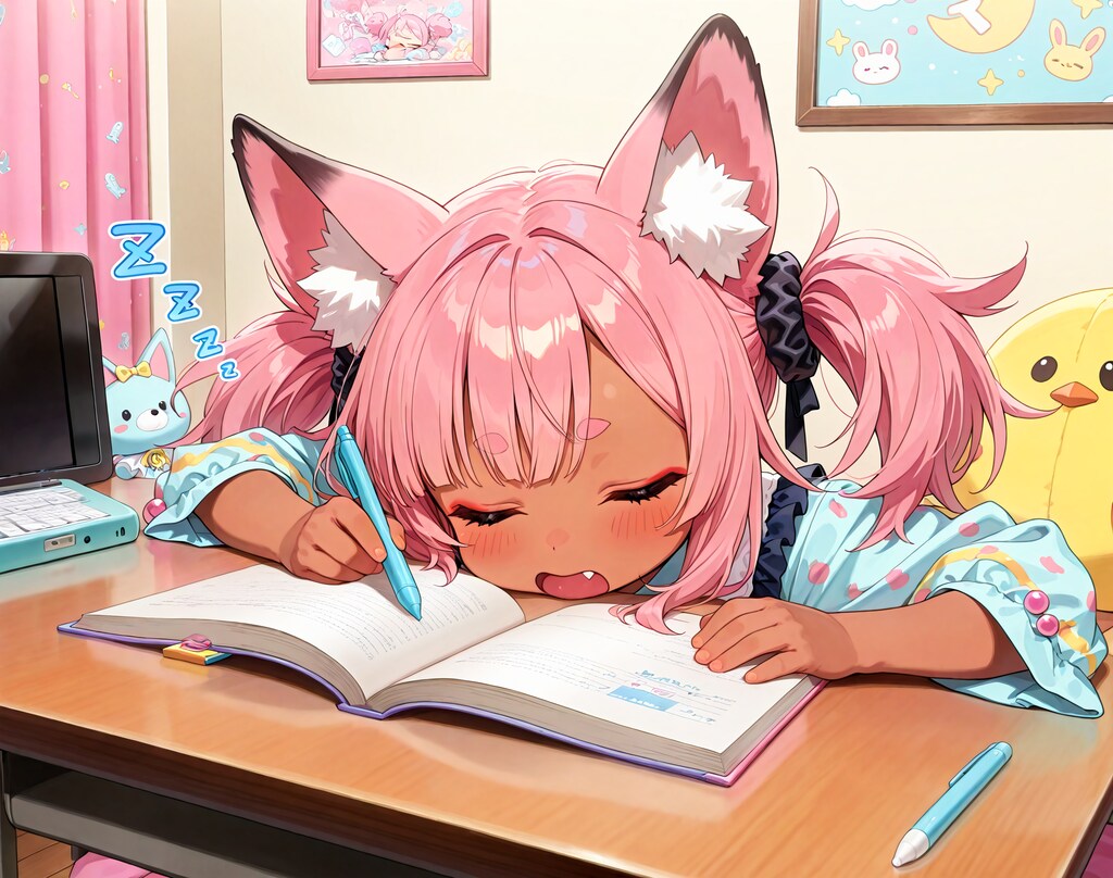 勉強中に居眠り桃狐ちゃん