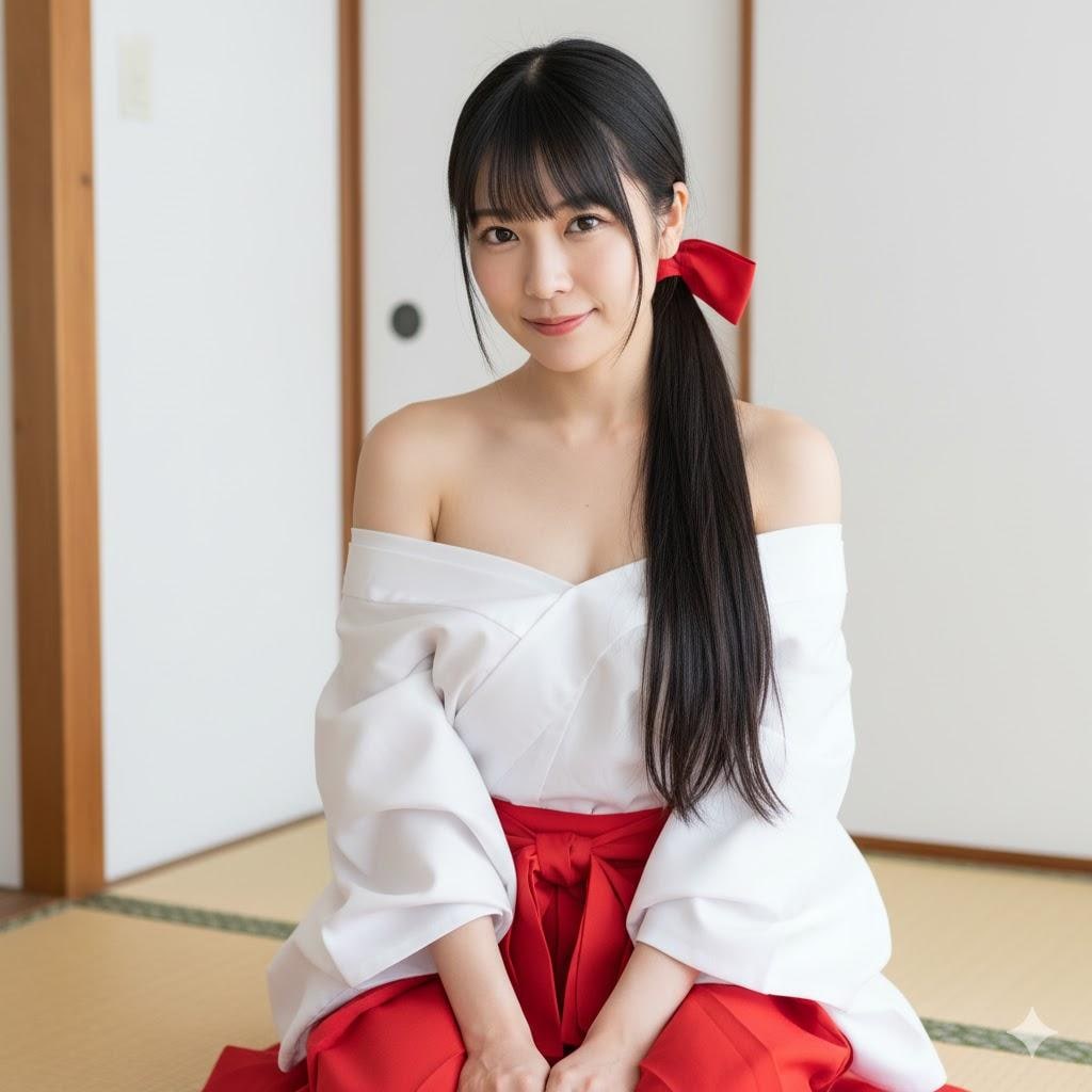 やや着物がずれ落ちた巫女さん